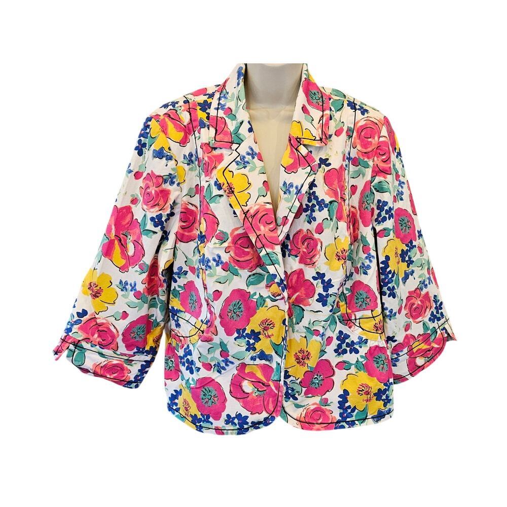 Investments II Jacket Pink Blue Multi Floral Collared Buttons Pockets Lined 22W#